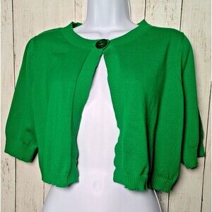 Green Cropped Knit Cardigan Sweater Short Sleeve Size Large Twee Academia Spring